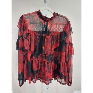 Cato Red Floral Mesh Ruffle Top Plus Size 18/20W Mock Neck Blouse Whimsigoth